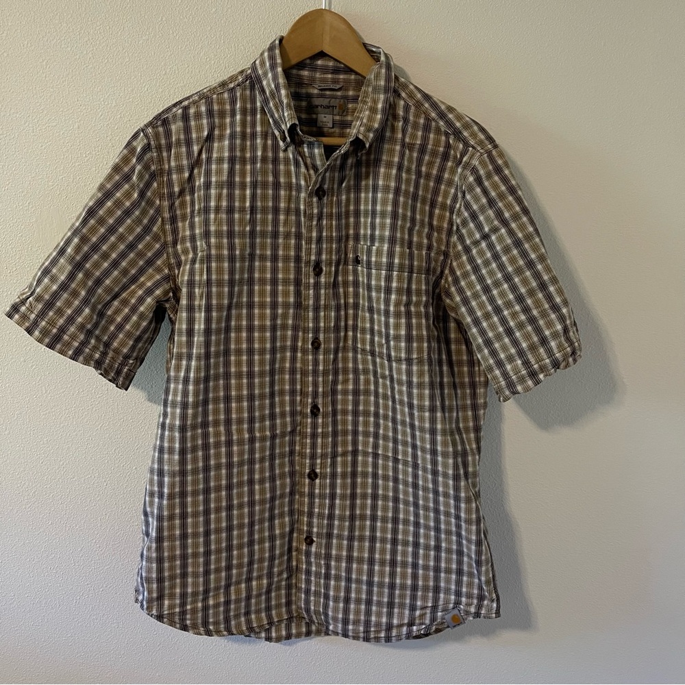 Carhartt Essential Short Sleeve Button Collar Plaid Shirt Brown Plaid Cotton-M